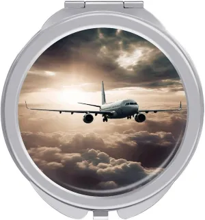 Travel Compact Makeup Mirror Cute Pocket Round Folding Mirror Airplane Flying in The Air Printed Portable 2 X 1x Magnification Makeup Mirror, Ideal for Handbag, Girls Gift