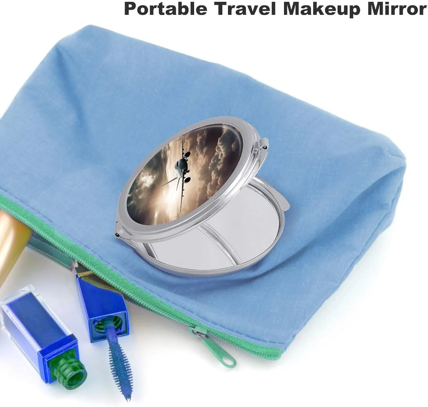 Travel Compact Makeup Mirror Cute Pocket Round Folding Mirror Airplane Flying in The Air Printed Portable 2 X 1x Magnification Makeup Mirror, Ideal for Handbag, Girls Gift