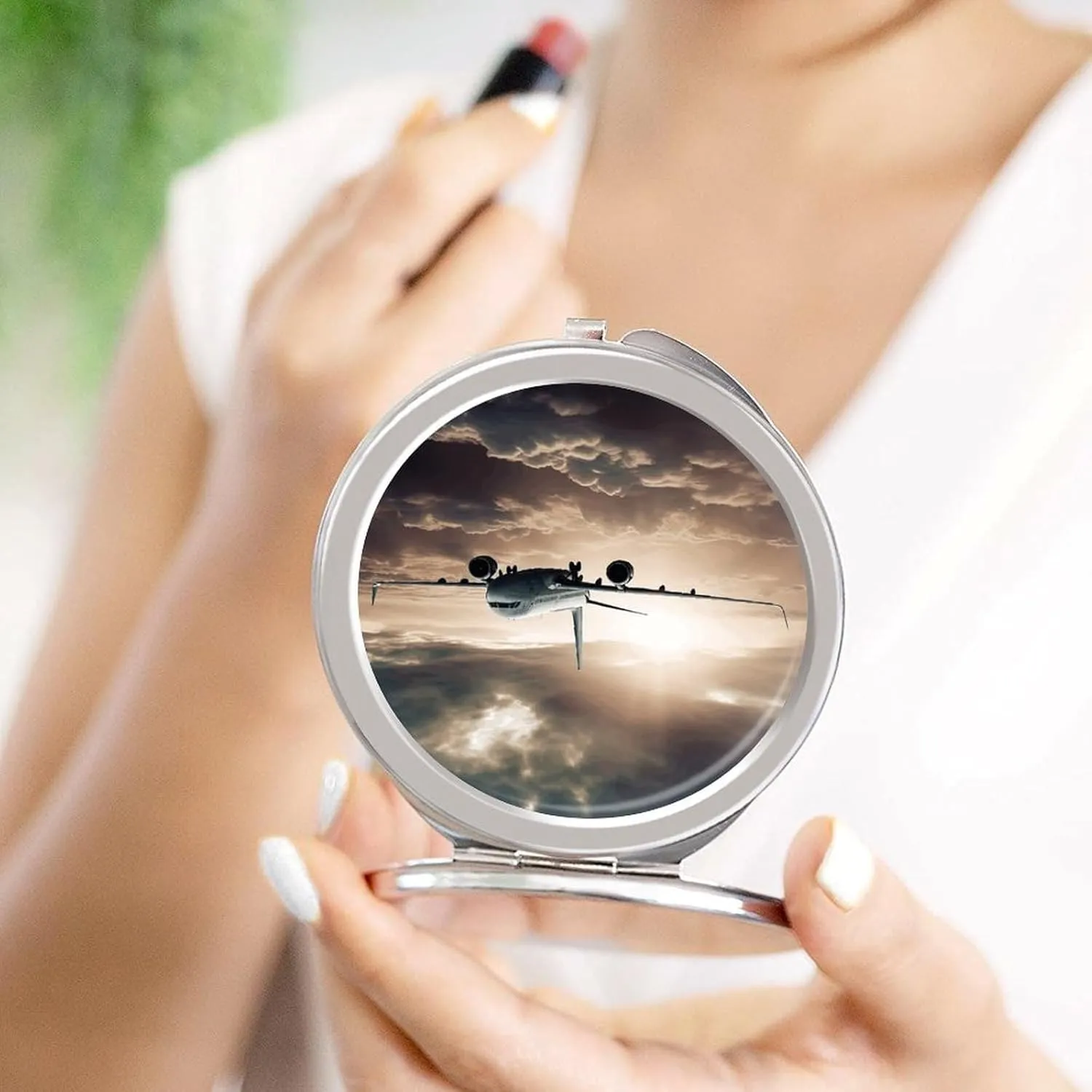 Travel Compact Makeup Mirror Cute Pocket Round Folding Mirror Airplane Flying in The Air Printed Portable 2 X 1x Magnification Makeup Mirror, Ideal for Handbag, Girls Gift