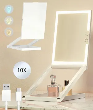 Travel Makeup Mirror with Lights,Magnification 1x/10x Mirror, Adjustable Height, Foldable & Portable,USB Rechargeable, 3 Colors,8.7" L x 5.9" W,White Frame