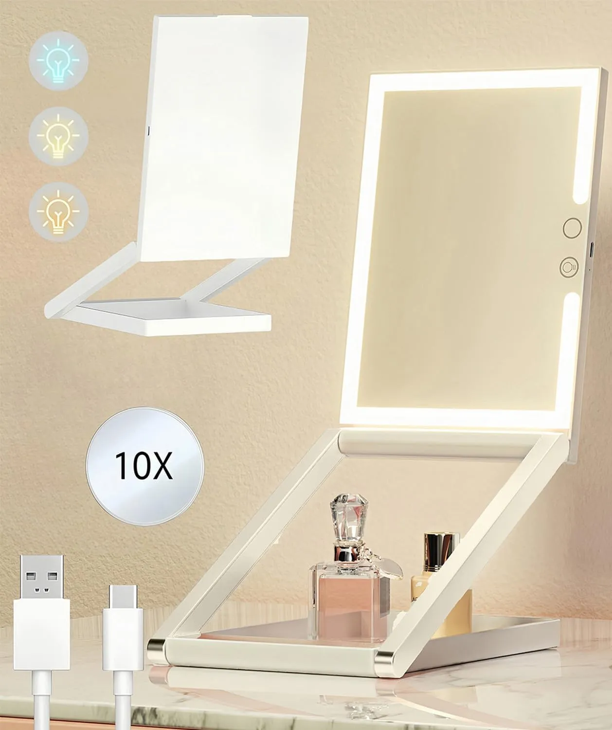 Travel Makeup Mirror with Lights,Magnification 1x/10x Mirror, Adjustable Height, Foldable & Portable,USB Rechargeable, 3 Colors,8.7" L x 5.9" W,White Frame