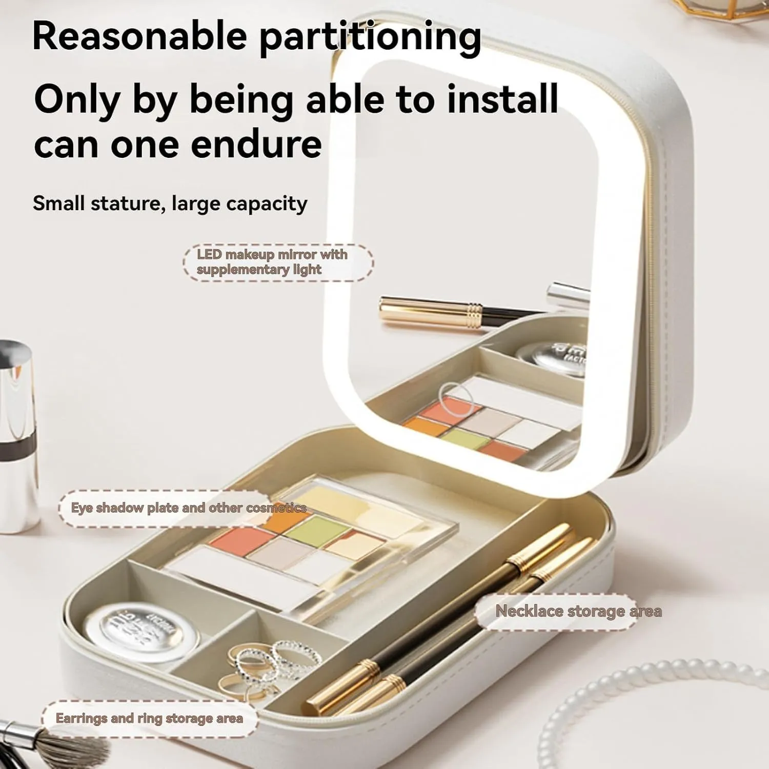 Travel Makeup Mirror,New Portable LED Mirror with Storage,Foldable Travel Makeup Bag, Folding Integrated Jewelry Box