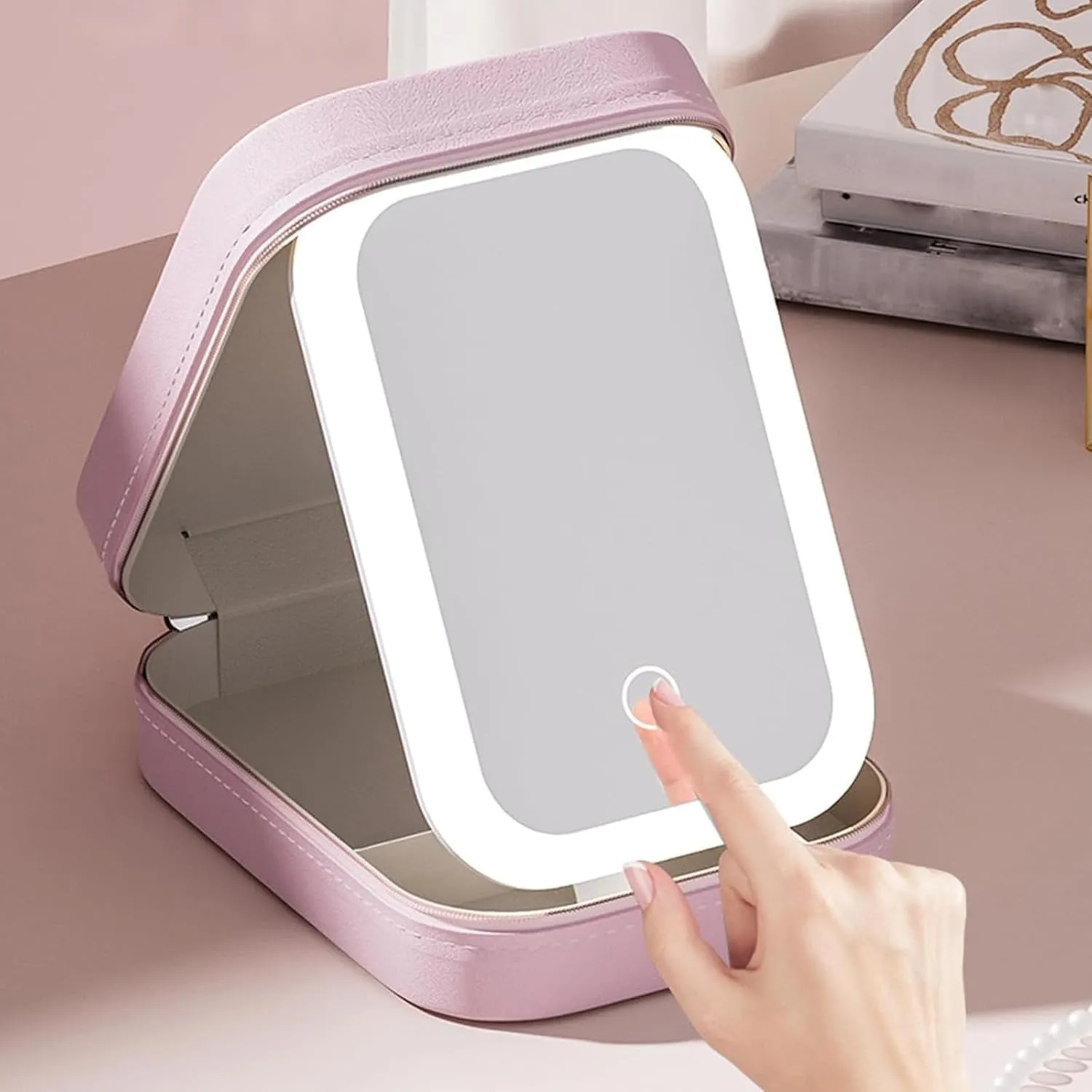 Travel Makeup Mirror,New Portable LED Mirror with Storage,Foldable Travel Makeup Bag, Folding Integrated Jewelry Box