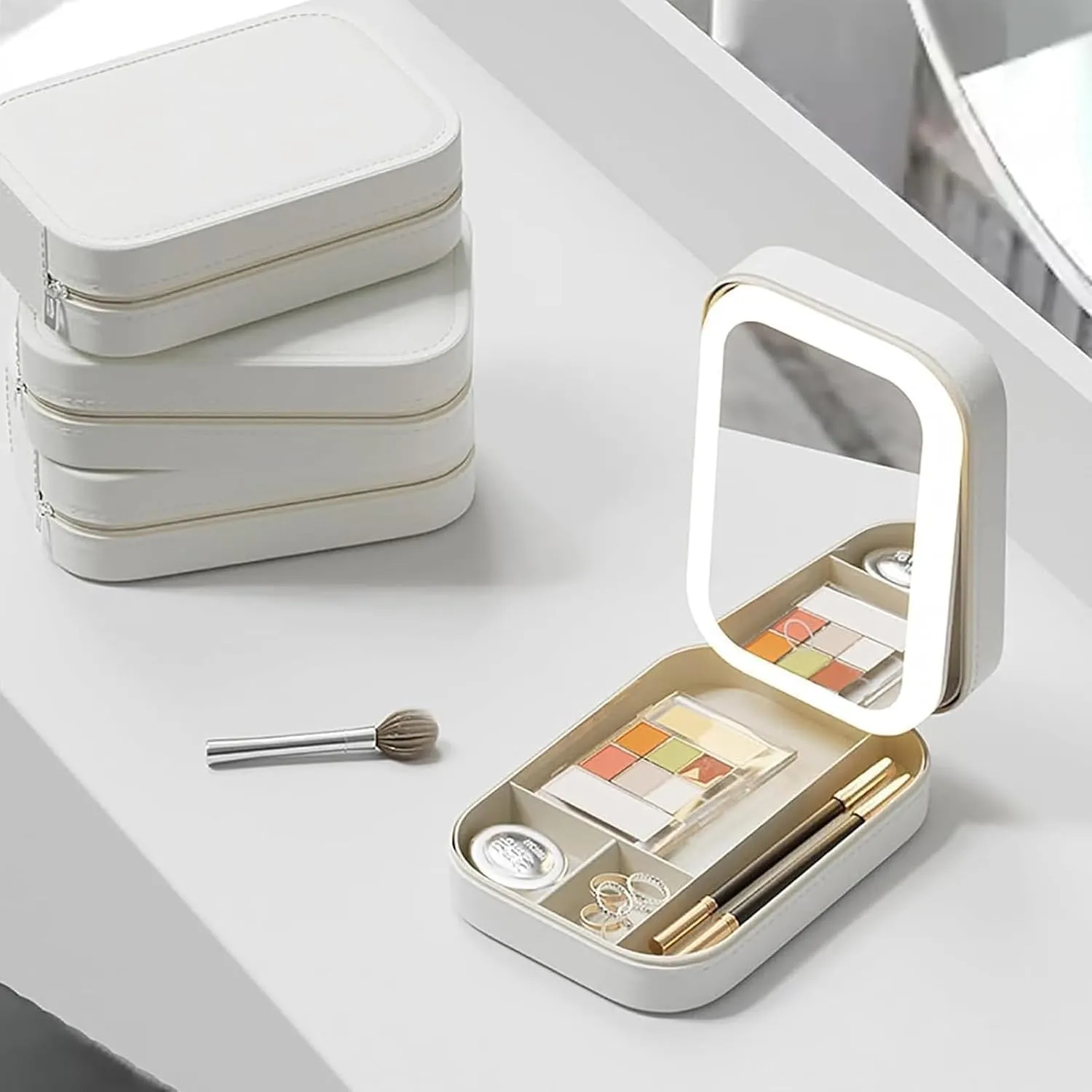 Travel Makeup Mirror,New Portable LED Mirror with Storage,Foldable Travel Makeup Bag, Folding Integrated Jewelry Box