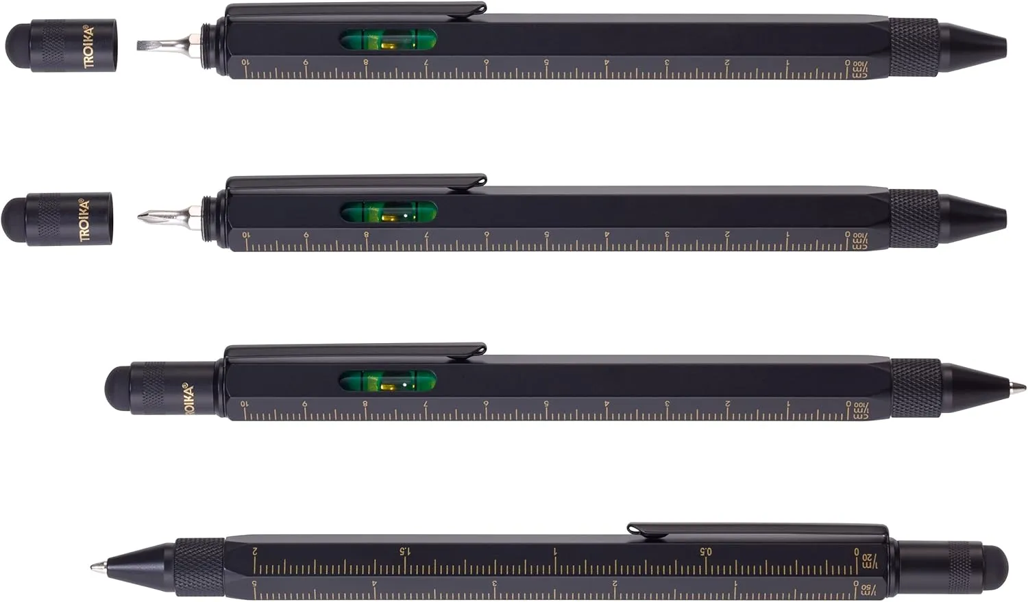 Troika CONSTRUCTION Multitasking Ballpoint Pen - PIP20/BG - Black/Gold - Centimetre and Inch Ruler - 1:20 m and 1:50 m Scale - Spirit Level - Slotted and Phillips Screwdriver - Stylus