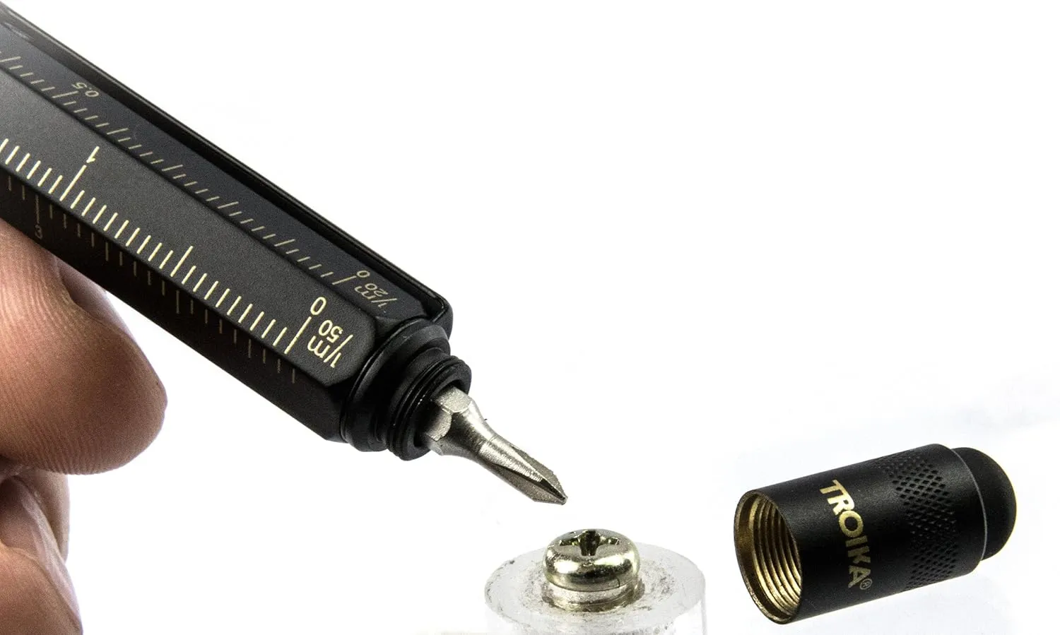 Troika CONSTRUCTION Multitasking Ballpoint Pen - PIP20/BG - Black/Gold - Centimetre and Inch Ruler - 1:20 m and 1:50 m Scale - Spirit Level - Slotted and Phillips Screwdriver - Stylus
