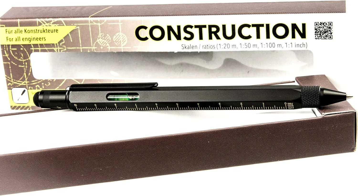 Troika CONSTRUCTION Multitasking Ballpoint Pen - PIP20/BG - Black/Gold - Centimetre and Inch Ruler - 1:20 m and 1:50 m Scale - Spirit Level - Slotted and Phillips Screwdriver - Stylus