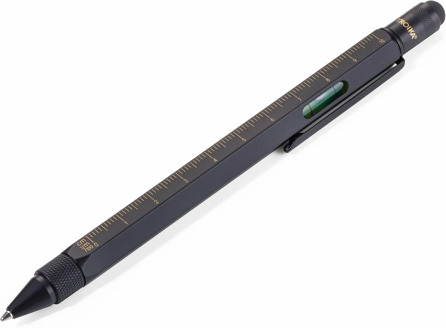 Troika CONSTRUCTION Multitasking Ballpoint Pen - PIP20/BG - Black/Gold - Centimetre and Inch Ruler - 1:20 m and 1:50 m Scale - Spirit Level - Slotted and Phillips Screwdriver - Stylus