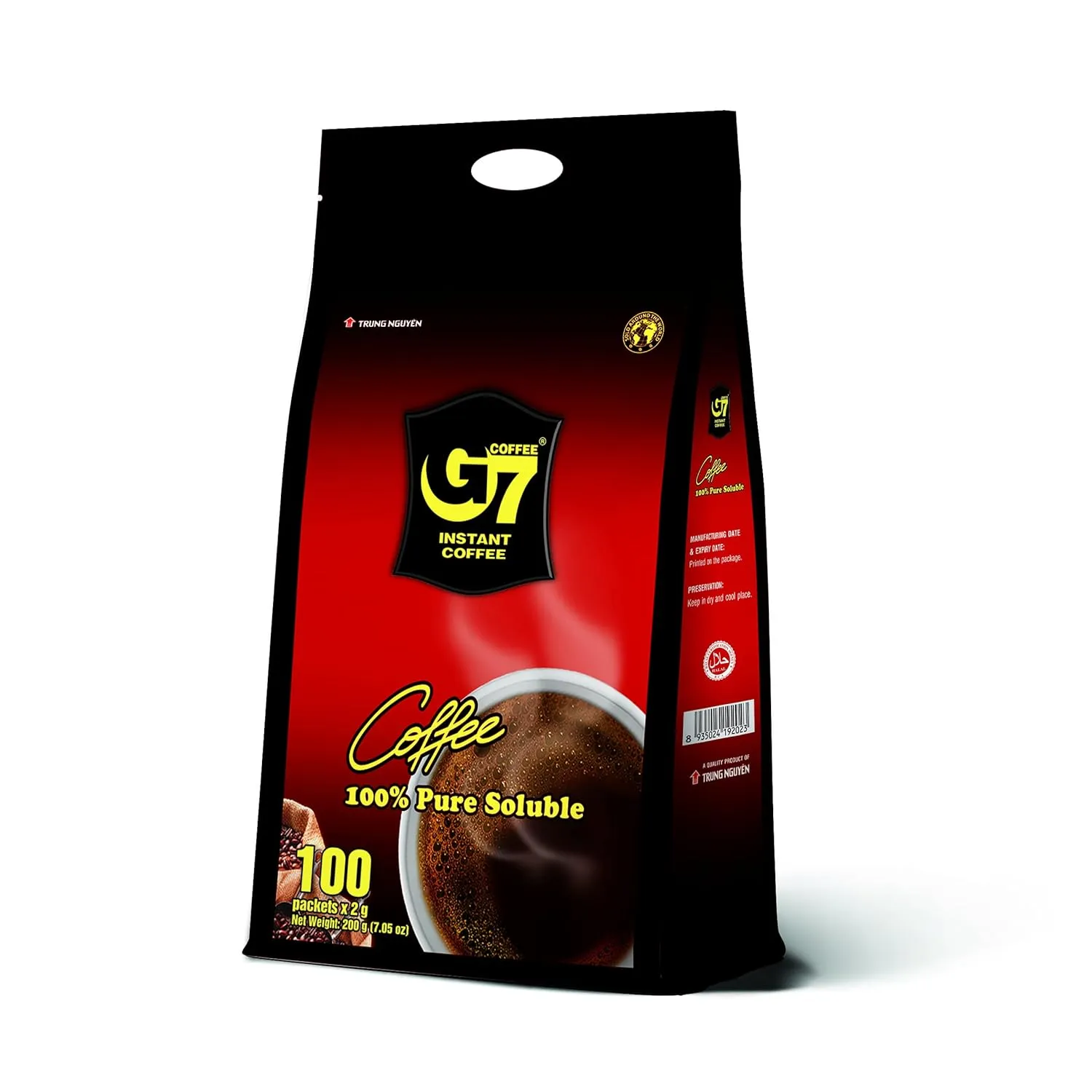 TRUNG NGUYEN G7 PURE BLACK Instant Coffee for Energy Boost - 100% Soluble Coffee Without Sugar - Strong, Pure & Rich Vietnamese Instant Energy - Original Taste for Connoiseurs (100 Sachets/Bag)