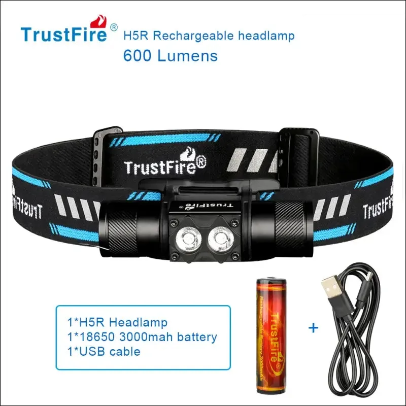 Trustfire h5r led headlamp 18650 battery usb rechargeable headlight 600lm dual head flashlights