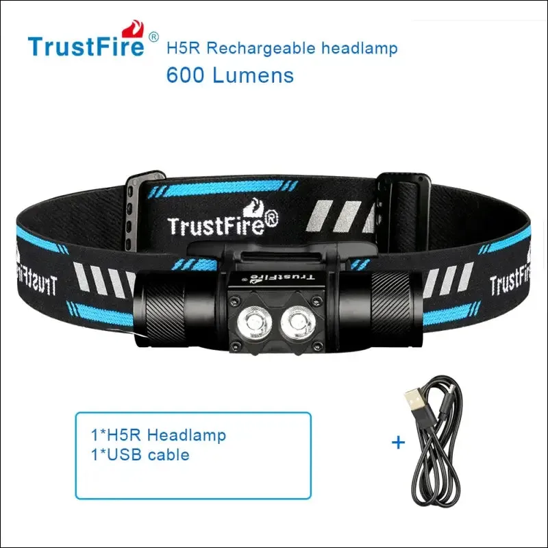 Trustfire h5r led headlamp 18650 battery usb rechargeable headlight 600lm dual head flashlights