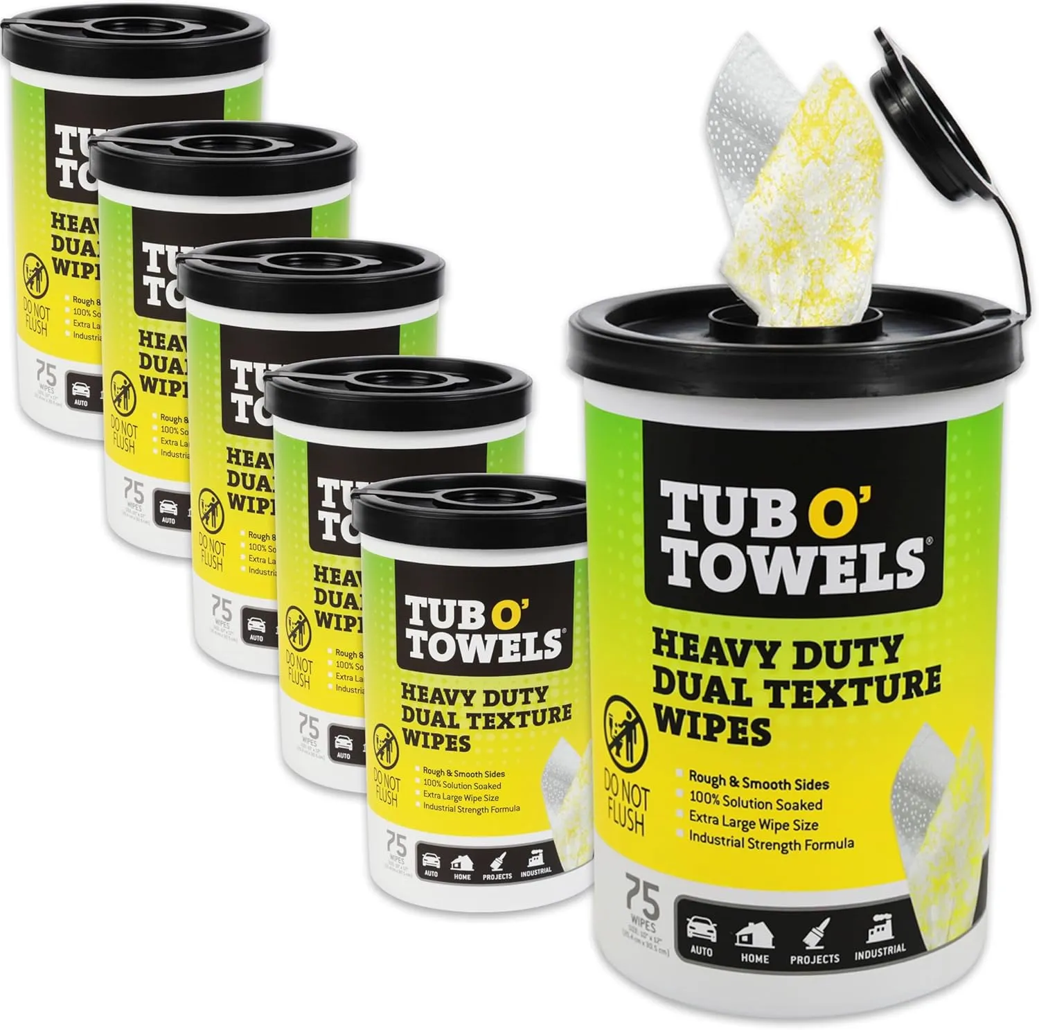 Tub O’ Towels TW75 Heavy-Duty 10" x 12" Size Multi-Surface Cleaning Wipes, Dual Texture, 75 Count Per Canister, 6 Pack