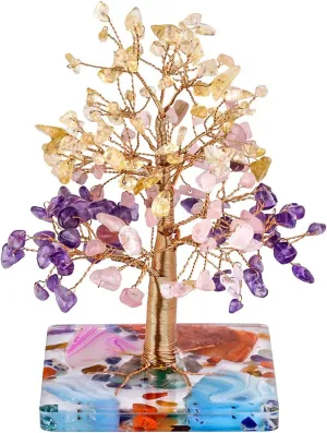 TUMBEELLUWA Energy Amethyst/Cirtrine/Rose Quartz Crystal Money Tree with Colorful Stones Resin Base Tumbled Stones Bonsai Decor for Home Office Feng Shui Decoration for Good Luck and Wealth