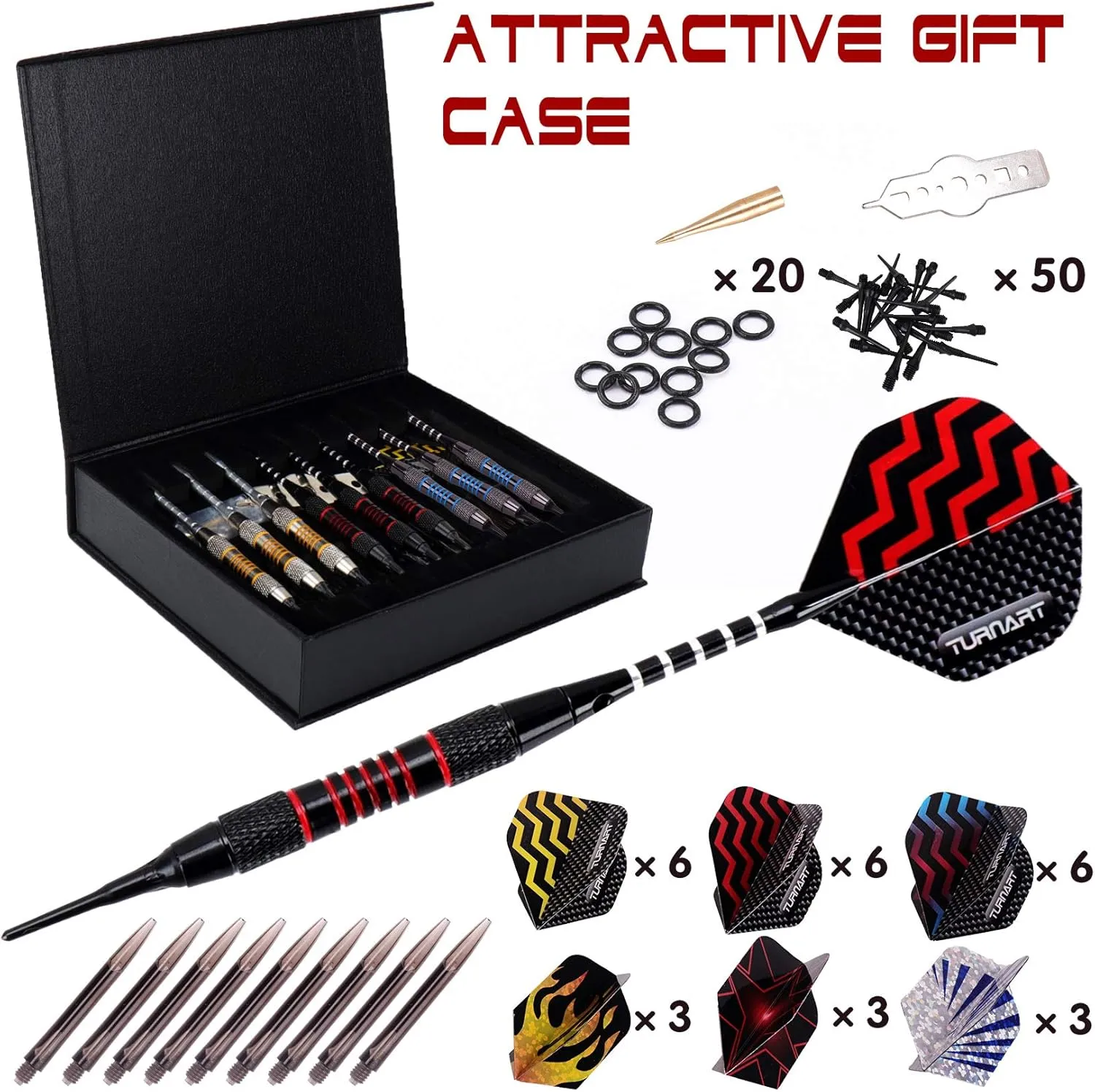 Turnart Darts Plastic Tip - Professional Soft Tip Darts Set for Electronic Dartboard 9 Pcs 18 Grams with 50 Extra Tips 9 Shafts 27 Flights Tool Kit Flight Protectors and Gift Darts Case