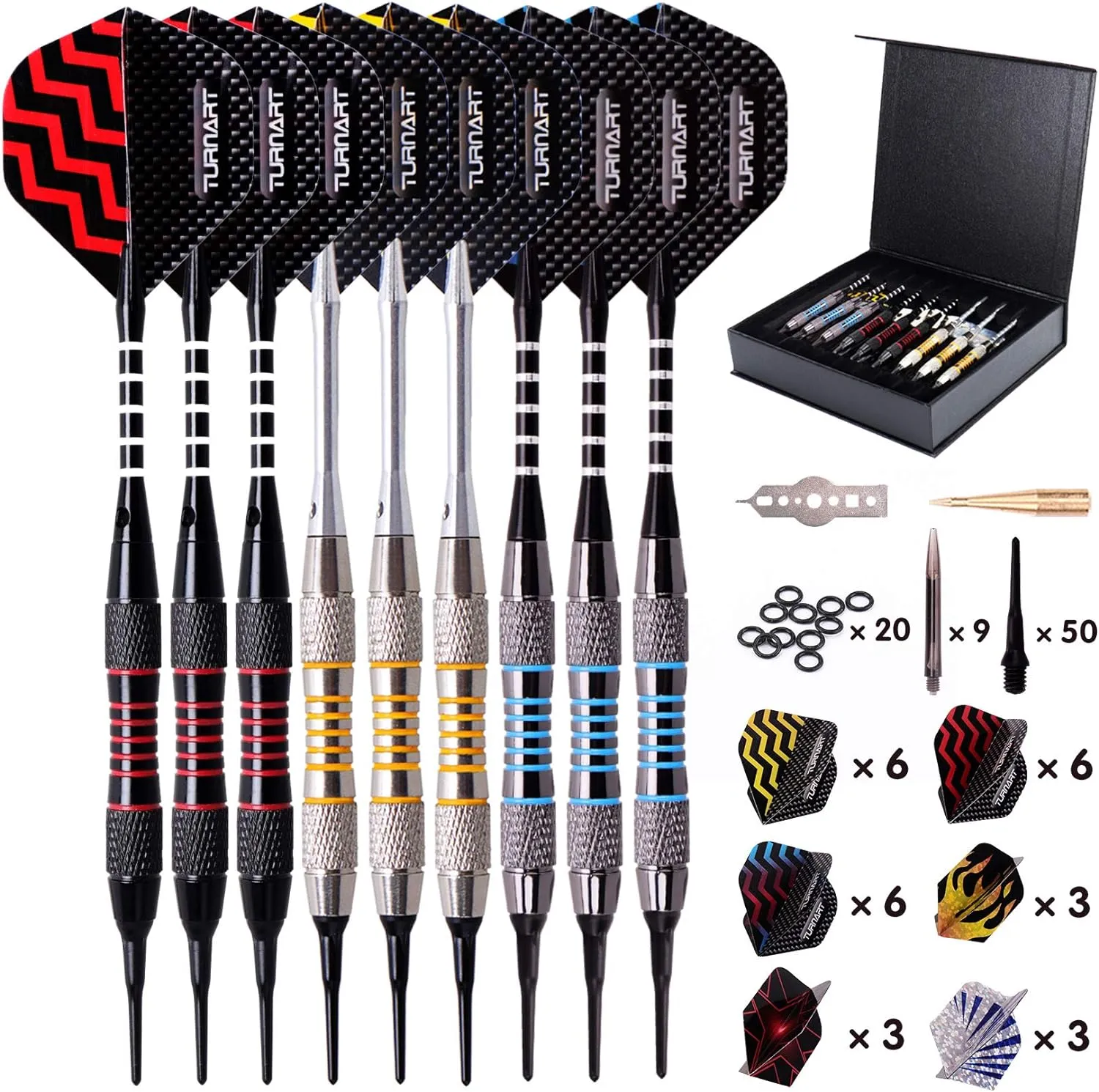 Turnart Darts Plastic Tip - Professional Soft Tip Darts Set for Electronic Dartboard 9 Pcs 18 Grams with 50 Extra Tips 9 Shafts 27 Flights Tool Kit Flight Protectors and Gift Darts Case
