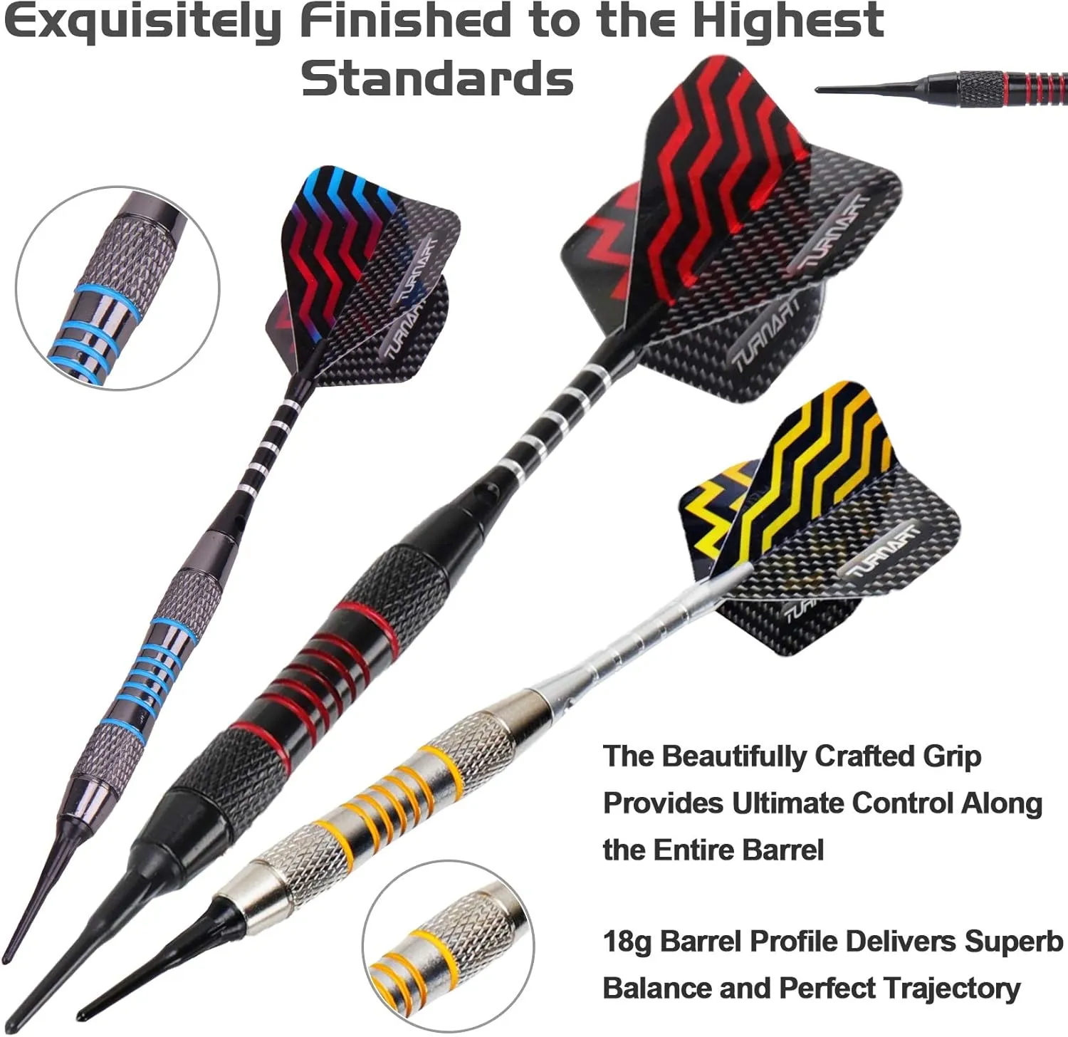 Turnart Darts Plastic Tip - Professional Soft Tip Darts Set for Electronic Dartboard 9 Pcs 18 Grams with 50 Extra Tips 9 Shafts 27 Flights Tool Kit Flight Protectors and Gift Darts Case
