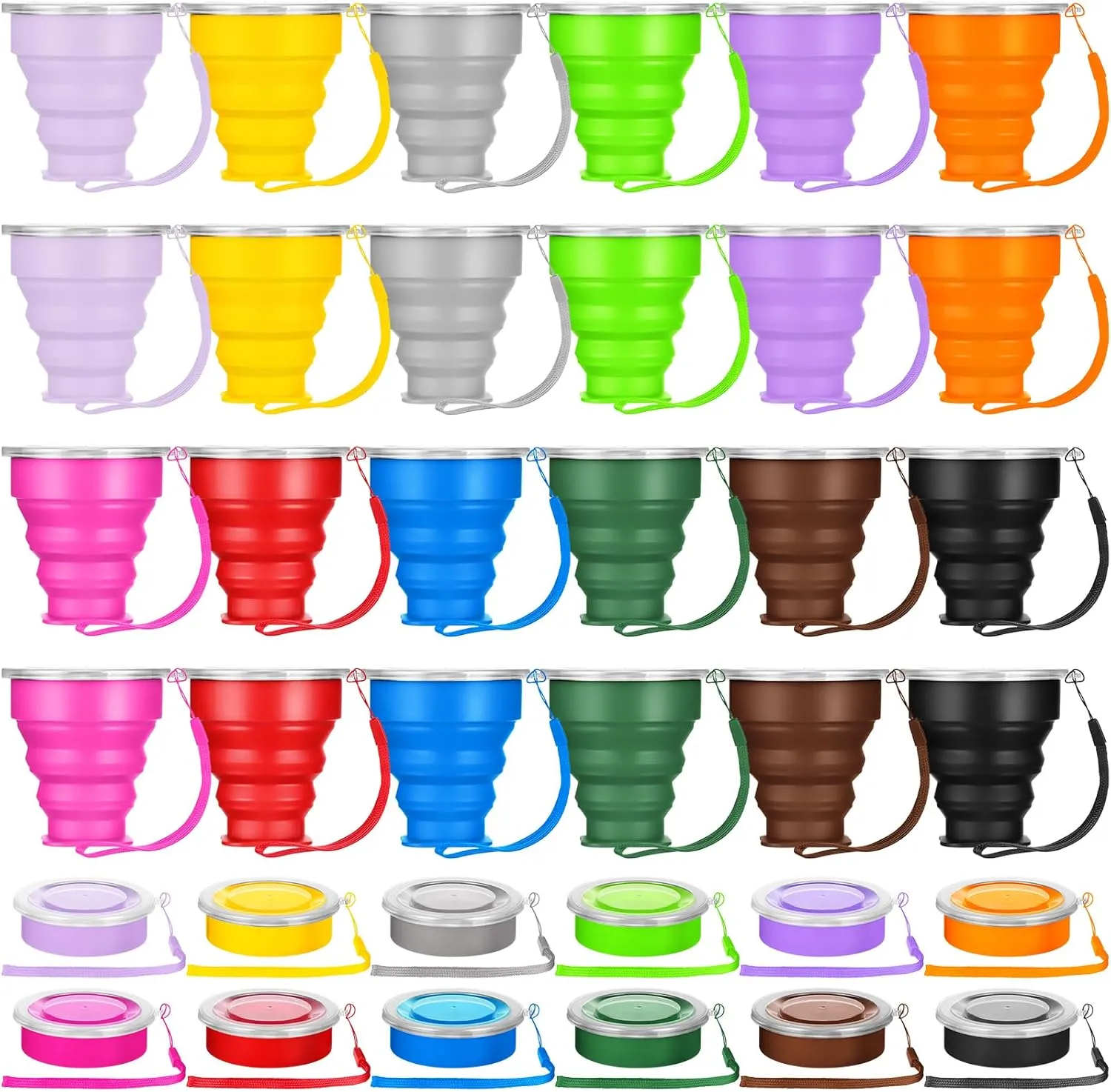 Umigy 24 Pcs 6.8oz Collapsible Travel Cups Silicone Foldable Drinking Travel Cup Portable Expandable Cup Reusable Folding Camping Cup with Lids for Outdoor Backpacking Hiking