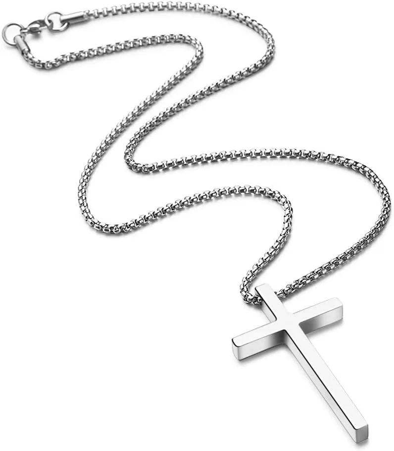 Ursteel Cross Necklace for Men, Silver Black Gold Stainless Steel Cross Pendant Necklace for Men, 16-30 Inches Box Chain