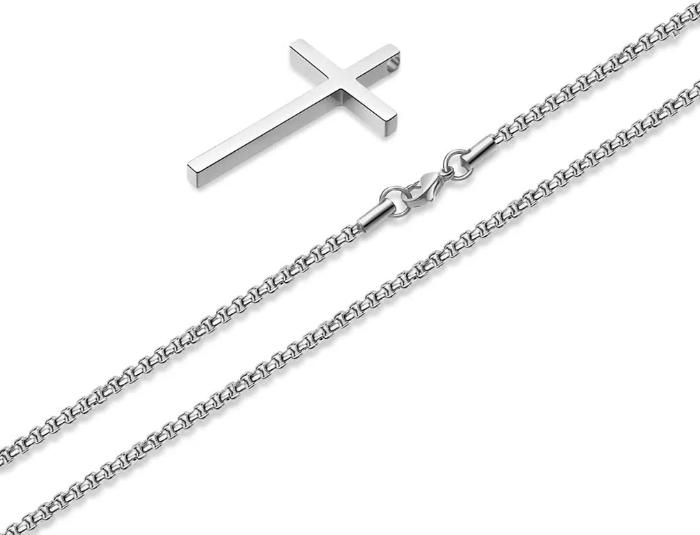 Ursteel Cross Necklace for Men, Silver Black Gold Stainless Steel Cross Pendant Necklace for Men, 16-30 Inches Box Chain