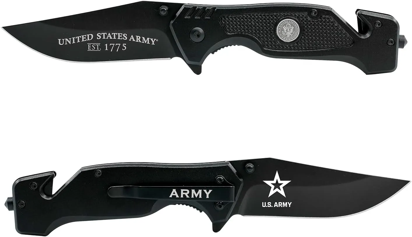 US Army Folding Elite Black Stealth Tactical Knife - Spring Assisted US Army Rescue Knife - Great Gift for the Soldier in your Life - Army Knife Black