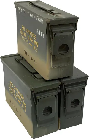 U.S. Military 30 Cal Ammo Can (3 Pack) – Airtight, Waterproof Metal Military Storage Containers - Grade 2 Surplus Army Ammo Box w/Hinged Lid, Rubber Seal & Handle - Ideal Military Grade Storage