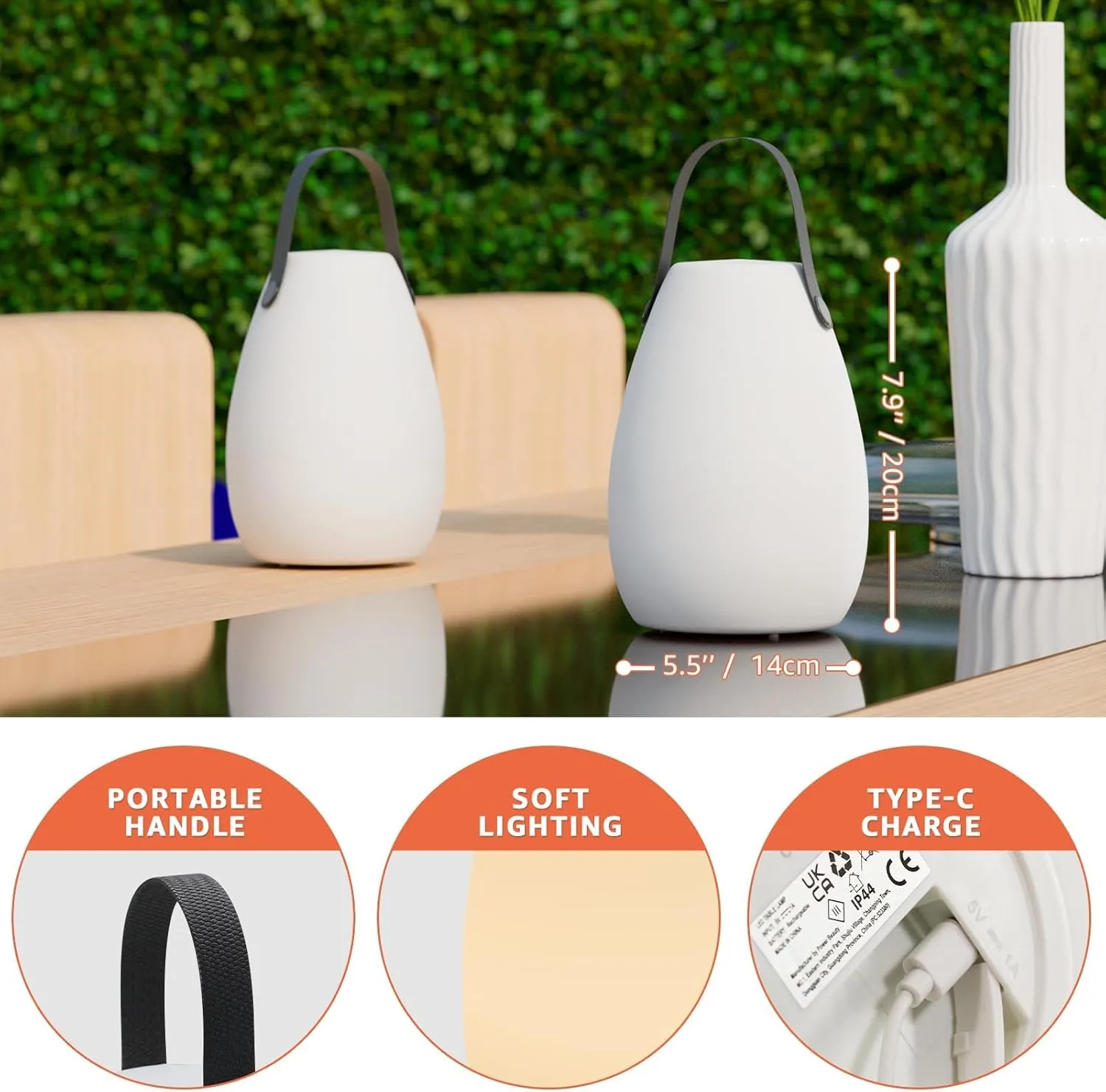 uuffoo 2 Pack Portable Outdoor Table Lamp - Dimmable Rechargeable Night Lights w/ Remote and 7 RGB Colors, IP44 Water-Resistant Hanging Lantern for Patio, Tent, Bedroom, Garden, Emergency