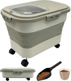 VCEPJH Collapsible Dog Food Storage Container 20 Lb Pet Food Storage with Wheel Scoop Measuring Cup Airtight Cat Food Containers Dry Food Sealed Bucket Kitchen Rice Cereal Flour Holder Bin (Khaki)