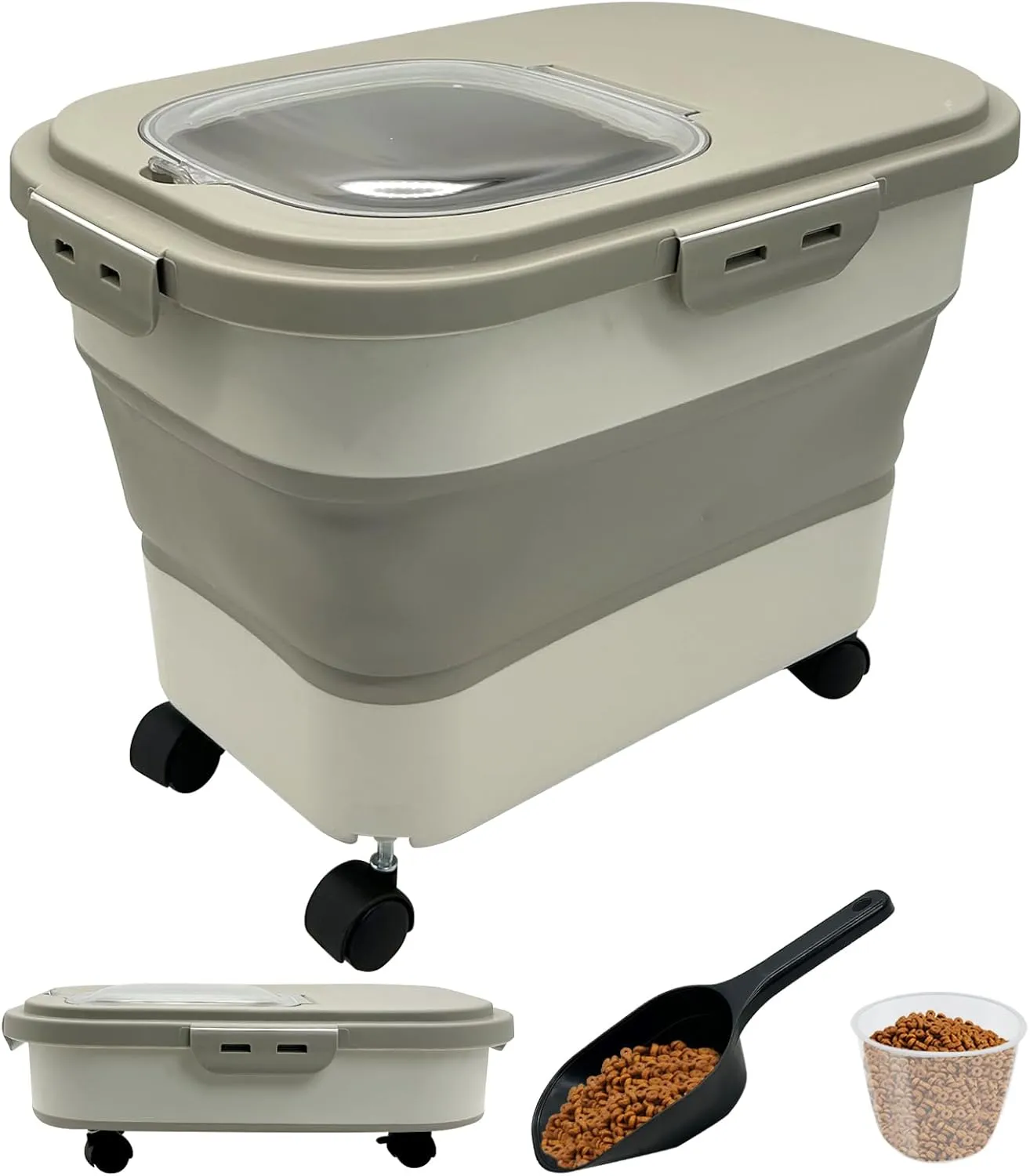 VCEPJH Collapsible Dog Food Storage Container 20 Lb Pet Food Storage with Wheel Scoop Measuring Cup Airtight Cat Food Containers Dry Food Sealed Bucket Kitchen Rice Cereal Flour Holder Bin (Khaki)