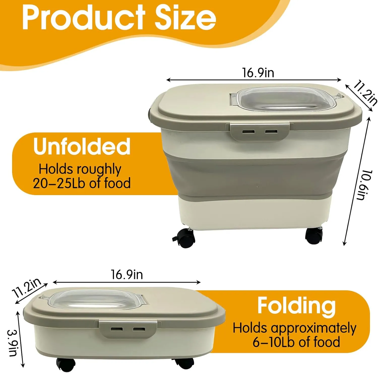 VCEPJH Collapsible Dog Food Storage Container 20 Lb Pet Food Storage with Wheel Scoop Measuring Cup Airtight Cat Food Containers Dry Food Sealed Bucket Kitchen Rice Cereal Flour Holder Bin (Khaki)
