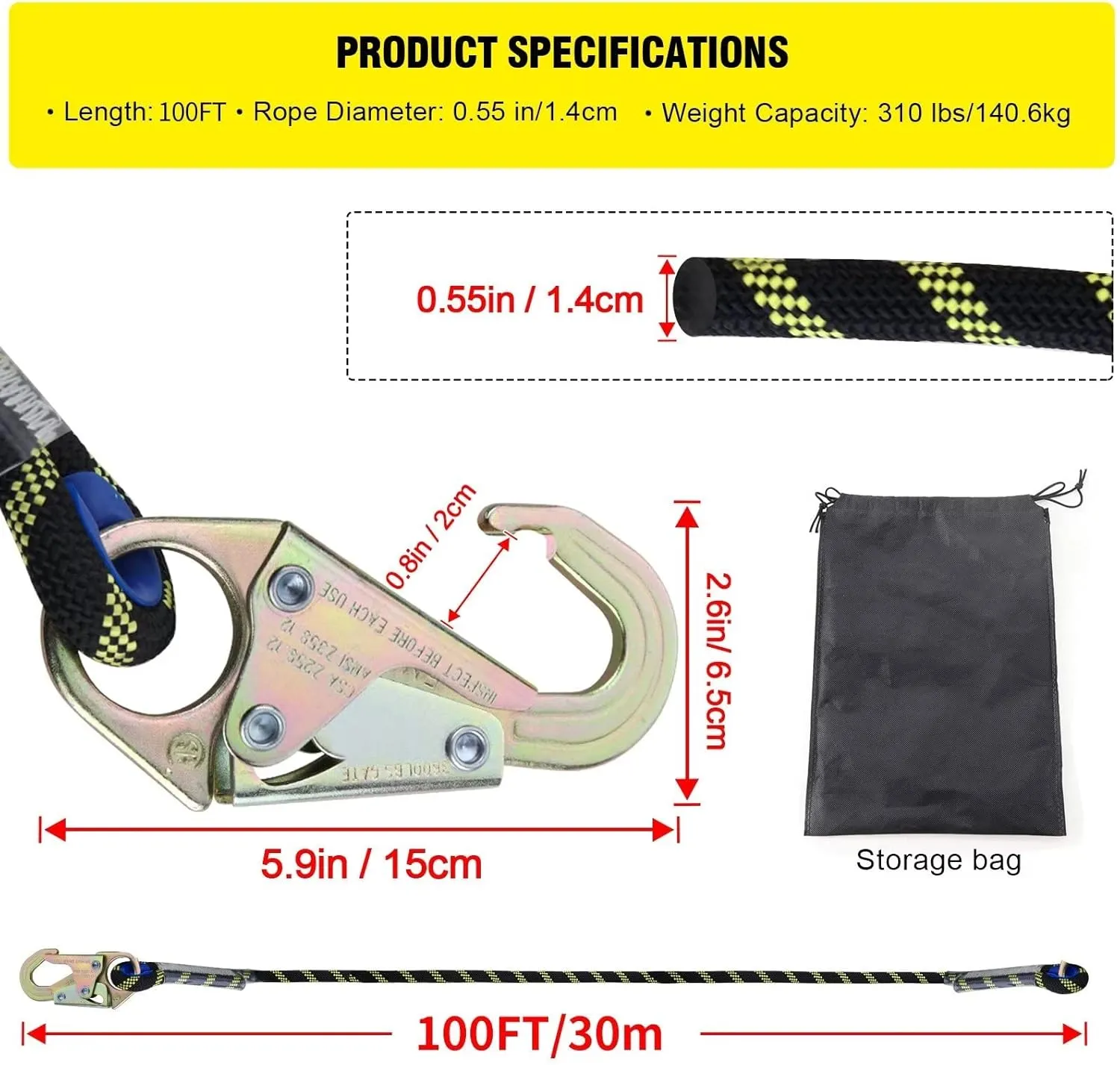 Vert Life Lifeline Assembly 100 ft with Rope Grab Snap Hooks Shock Absorber - CE Standard Fall Protection Roofing Safety Equipment Kit