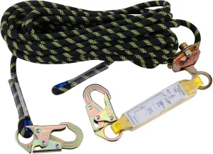 Vert Life Lifeline Assembly 100 ft with Rope Grab Snap Hooks Shock Absorber - CE Standard Fall Protection Roofing Safety Equipment Kit