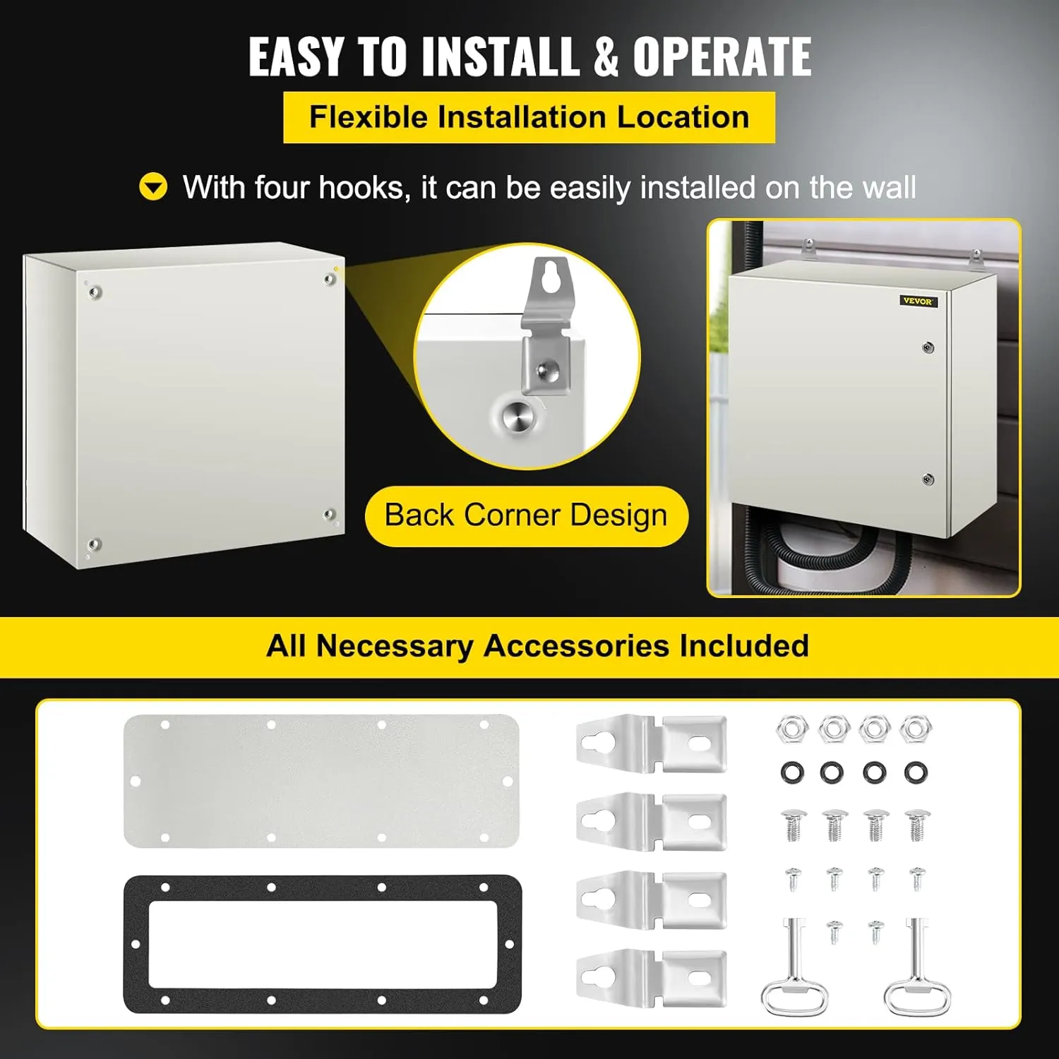 VEVOR NEMA Steel Enclosure, 24 x 24 x 12'' NEMA 4X Steel Electrical Box, IP66 Waterproof & Dustproof, Outdoor/Indoor Electrical Junction Box, with Mounting Plate
