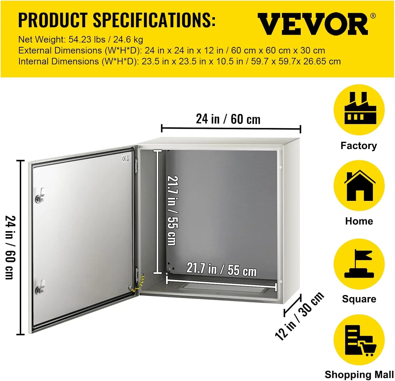 VEVOR NEMA Steel Enclosure, 24 x 24 x 12'' NEMA 4X Steel Electrical Box, IP66 Waterproof & Dustproof, Outdoor/Indoor Electrical Junction Box, with Mounting Plate