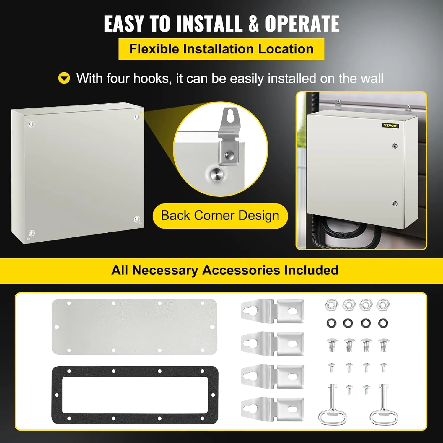 VEVOR NEMA Steel Enclosure, 24 x 24 x 8'' NEMA 4X Steel Electrical Box, IP66 Waterproof & Dustproof, Outdoor/Indoor Electrical Junction Box, with Mounting Plate