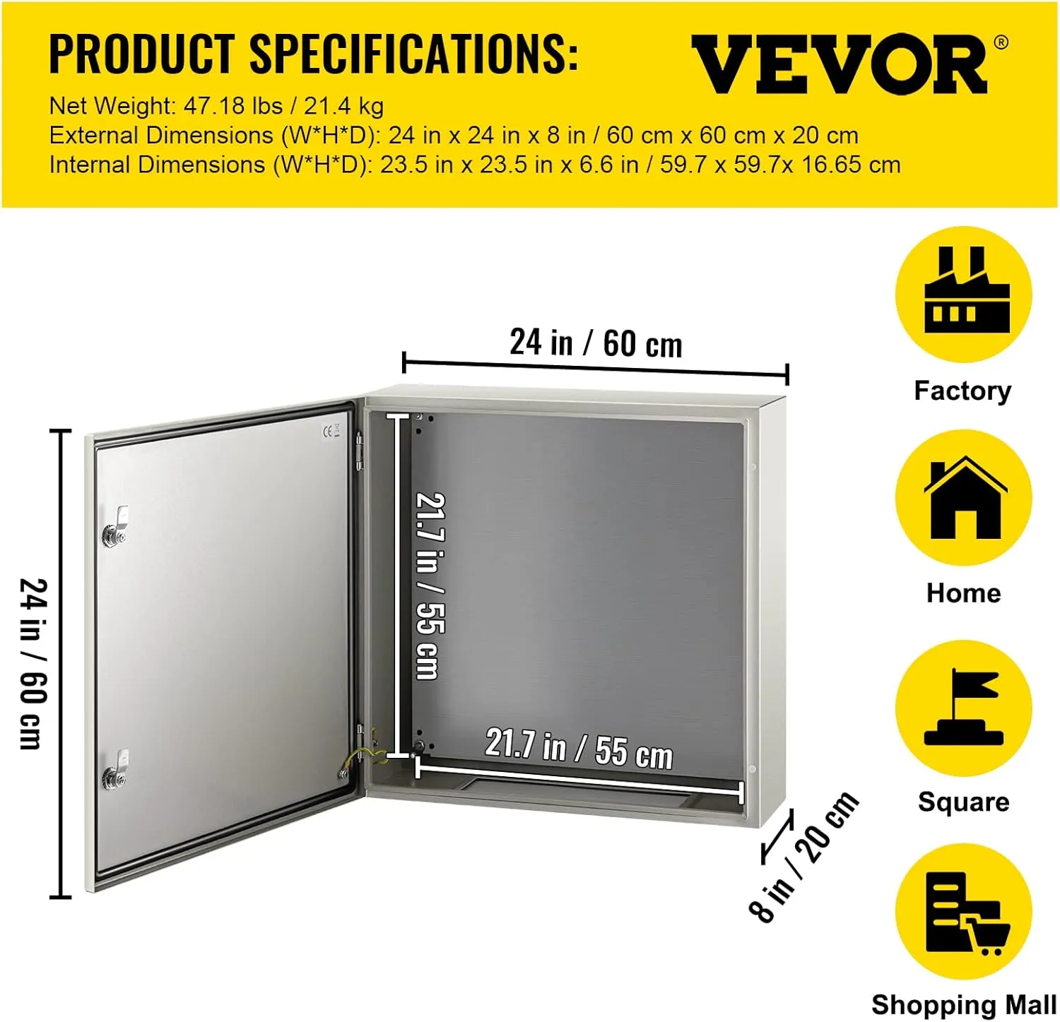 VEVOR NEMA Steel Enclosure, 24 x 24 x 8'' NEMA 4X Steel Electrical Box, IP66 Waterproof & Dustproof, Outdoor/Indoor Electrical Junction Box, with Mounting Plate