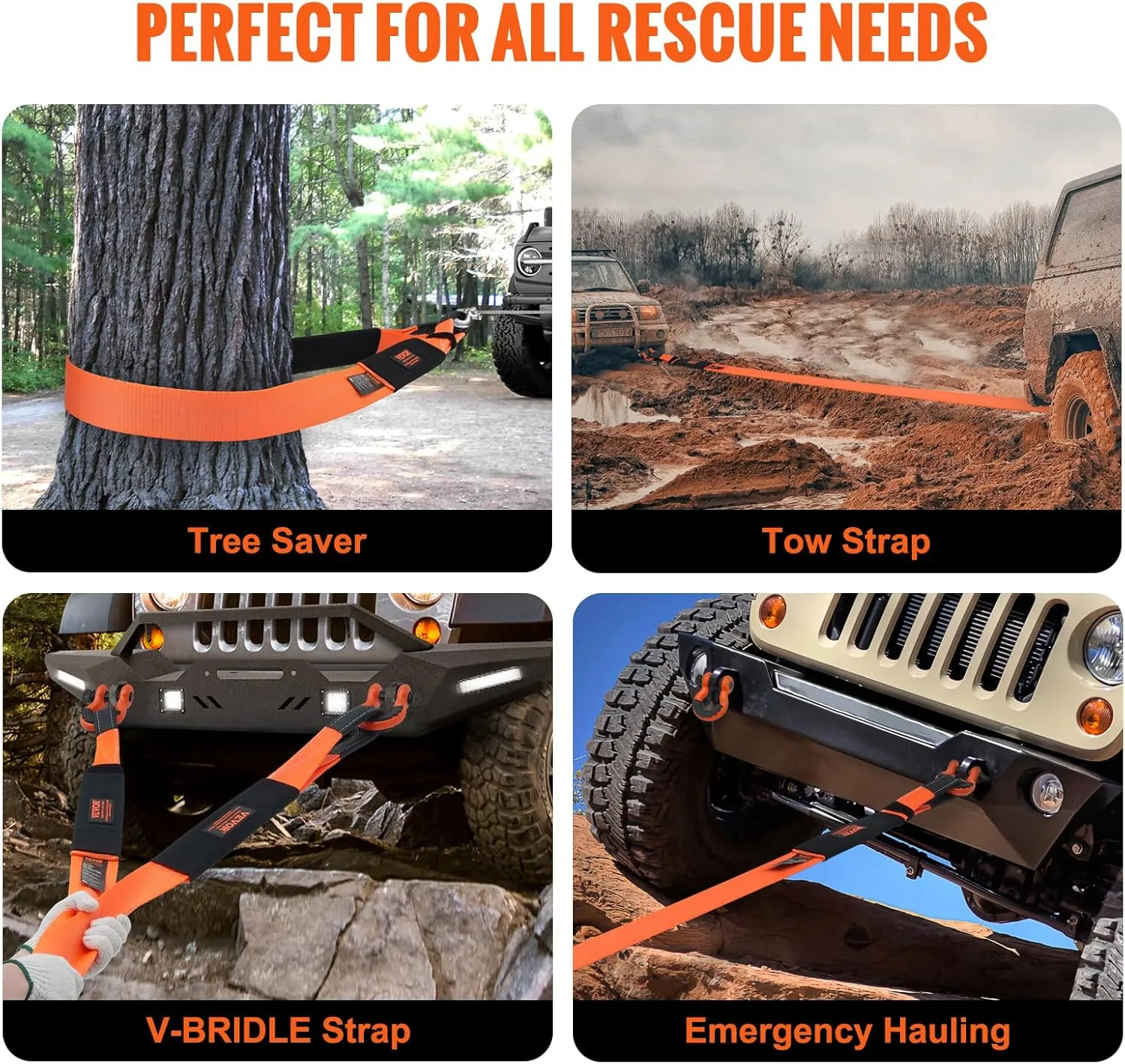 VEVOR Tree Saver Strap 3in x 8ft, 36,000 lbs Break Strength, Emergency Recovery Tow Strap Winch Extension Strap, Triple Reinforced Loop Straps, Off Road Towing, Extreme Weather Resistance