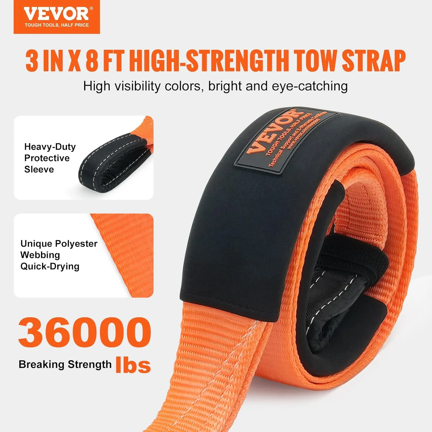 VEVOR Tree Saver Strap 3in x 8ft, 36,000 lbs Break Strength, Emergency Recovery Tow Strap Winch Extension Strap, Triple Reinforced Loop Straps, Off Road Towing, Extreme Weather Resistance