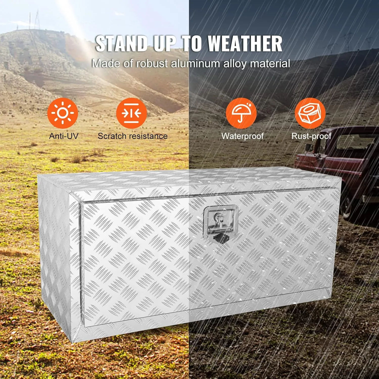VEVOR Underbody Truck Box, 36"×14"×16" Pickup Storage Box, Heavy Duty Aluminum Diamond Plate Tool Box with Lock and Keys, Waterproof Trailer Storage Box with T-Handle Latch for Truck, Van, Trailer
