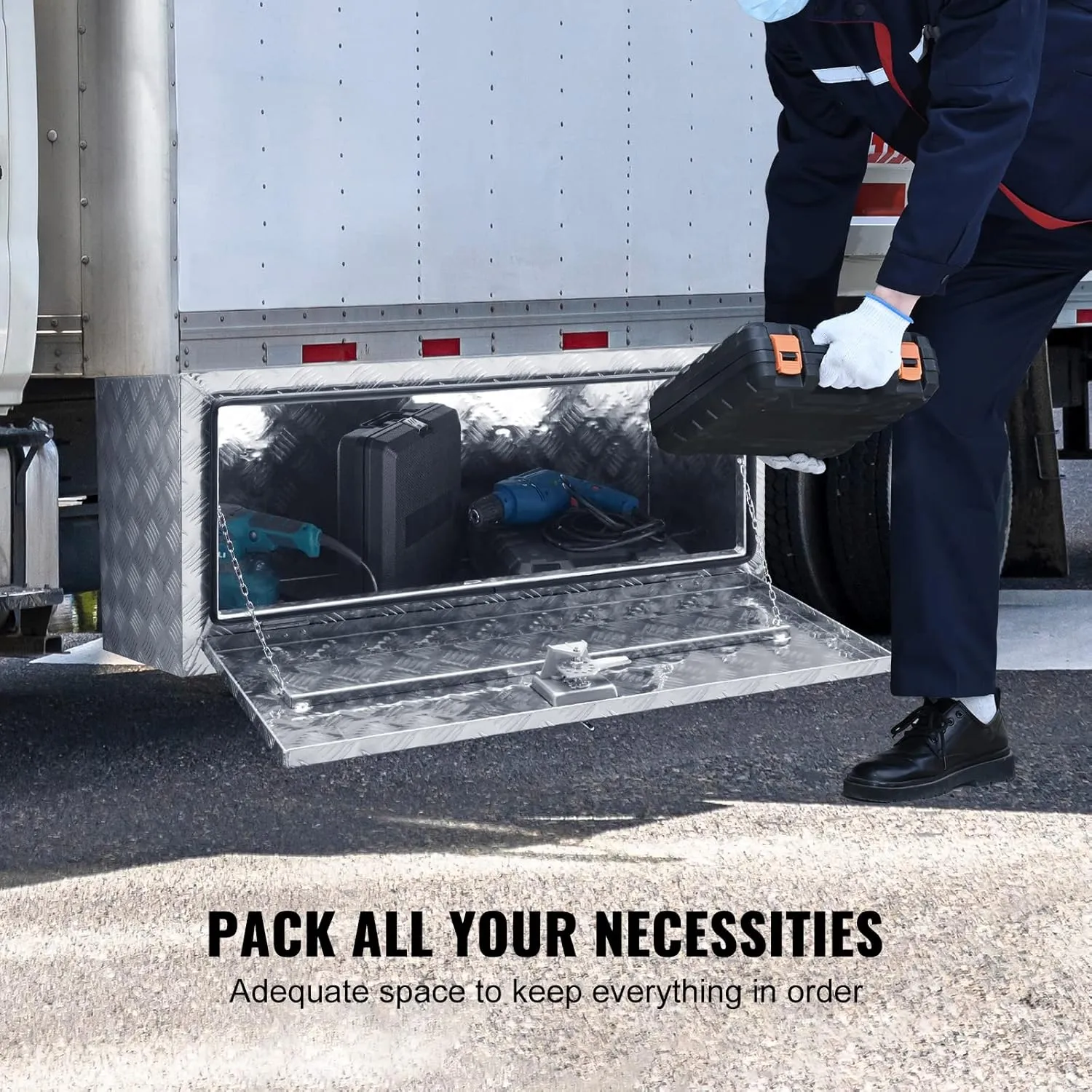 VEVOR Underbody Truck Box, 36"×14"×16" Pickup Storage Box, Heavy Duty Aluminum Diamond Plate Tool Box with Lock and Keys, Waterproof Trailer Storage Box with T-Handle Latch for Truck, Van, Trailer