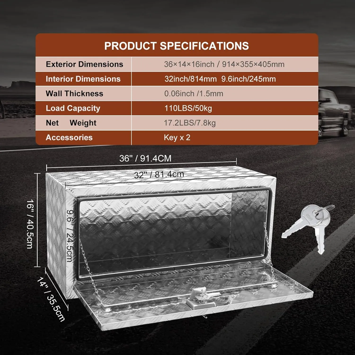 VEVOR Underbody Truck Box, 36"×14"×16" Pickup Storage Box, Heavy Duty Aluminum Diamond Plate Tool Box with Lock and Keys, Waterproof Trailer Storage Box with T-Handle Latch for Truck, Van, Trailer