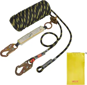 VEVOR Vertical Lifeline Assembly, 0.55'' x 25' Fall Protection Rope with 30 KN Breaking Tension, Polyester Roofing Rope with Steel Snap Hooks, Rope Grab, and Shock Absorber, ANSI Compliant