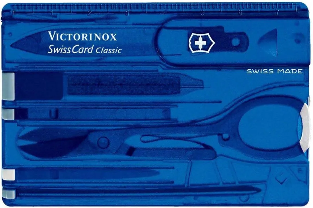 Victorinox Swiss Card Classic Transparent Blue Multi-tool Card, ABS/Cellidor Handle, 82mm x 55mm x 4mm, 26g, 10 Functions