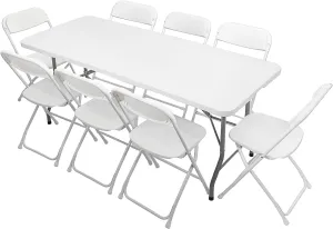 VINGLI 6 FT Plastic Folding Table Set with 8 White Folding Chairs for Picnic, Event, Training, Outdoor Activities, at Home and Commercial Use