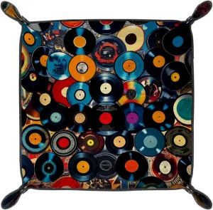 Vinyl Music Records Print Microfiber Leather Dice Trays Folding for RPG DND Table Games, Leather Dice Holder Storage Box Portable Folding Rolling Dice Tray, 16x16cm