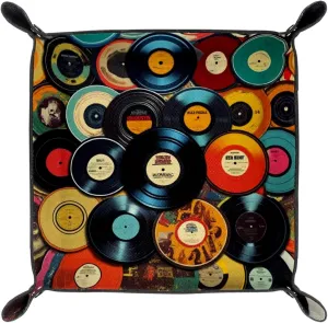 Vinyl Music Records Printing Microfiber Leather Dice Trays Folding for RPG DND Table Games, Leather Dice Holder Storage Box Portable Folding Rolling Dice Tray, 20.5x20.5cm