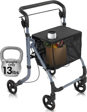 Vive Mobility Folding Walker for Seniors - Ultra Lightweight Narrow Rollator for Small Spaces, Tight Doorways - with Tray, Basket, Cupholder - Rolling, Walker with Wheels for Indoor & Outdoor Use