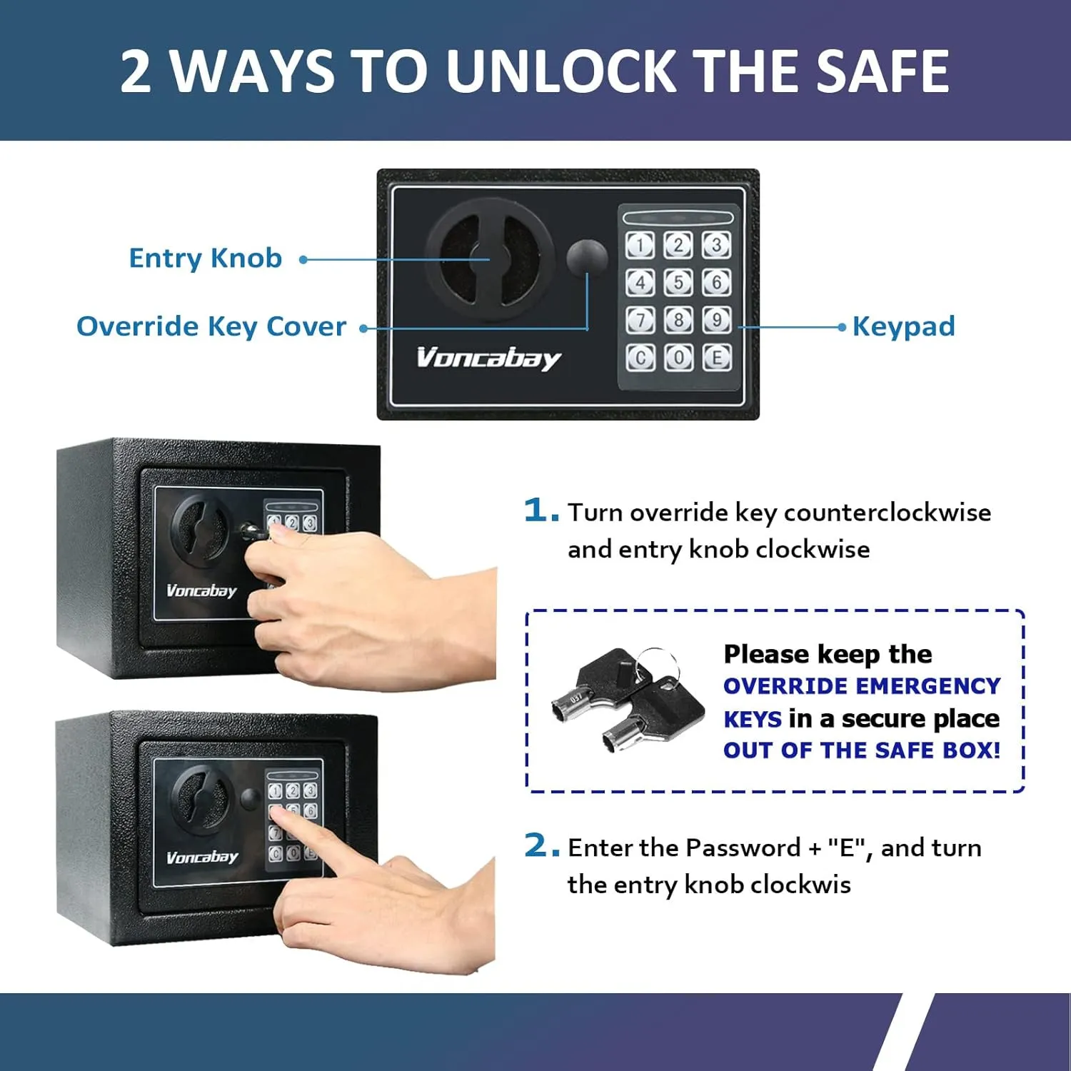 Voncabay Money Safe Box for Home with Sensor Light & Fireproof Money Bag - 0.23 Cubic Feet Security Safe Box with Digital Keypad, Keys & Pass Code Lock Black