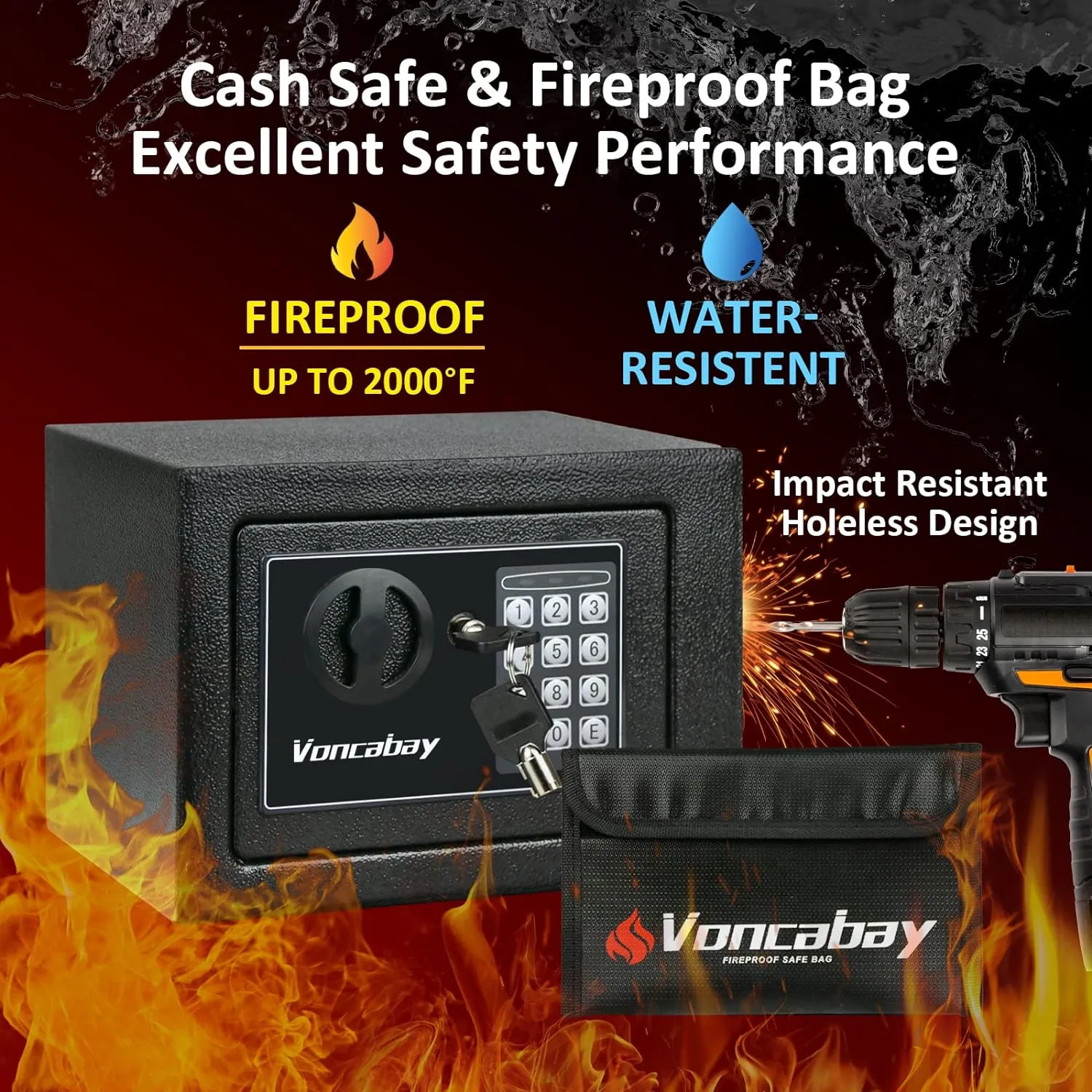 Voncabay Money Safe Box for Home with Sensor Light & Fireproof Money Bag - 0.23 Cubic Feet Security Safe Box with Digital Keypad, Keys & Pass Code Lock Black
