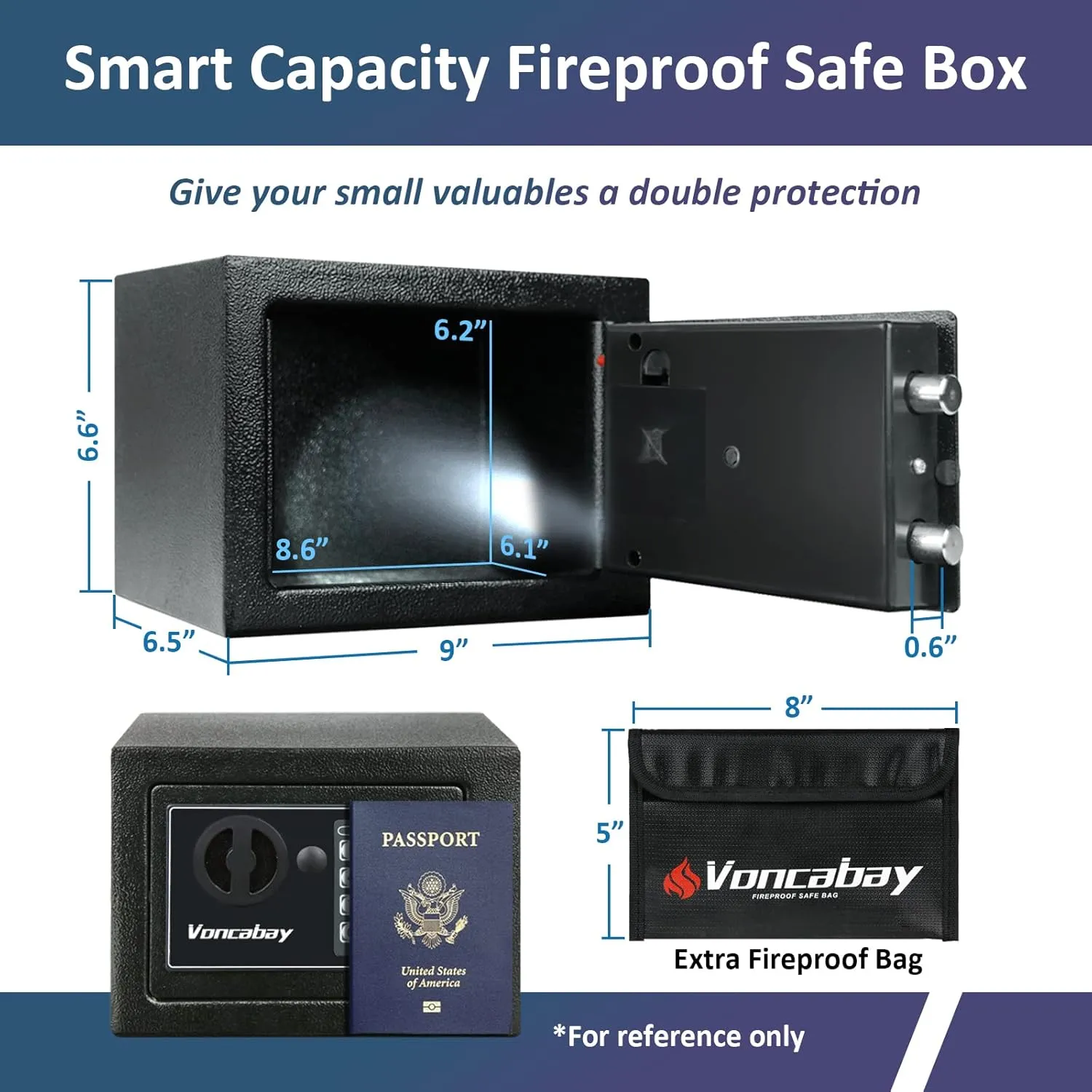 Voncabay Money Safe Box for Home with Sensor Light & Fireproof Money Bag - 0.23 Cubic Feet Security Safe Box with Digital Keypad, Keys & Pass Code Lock Black