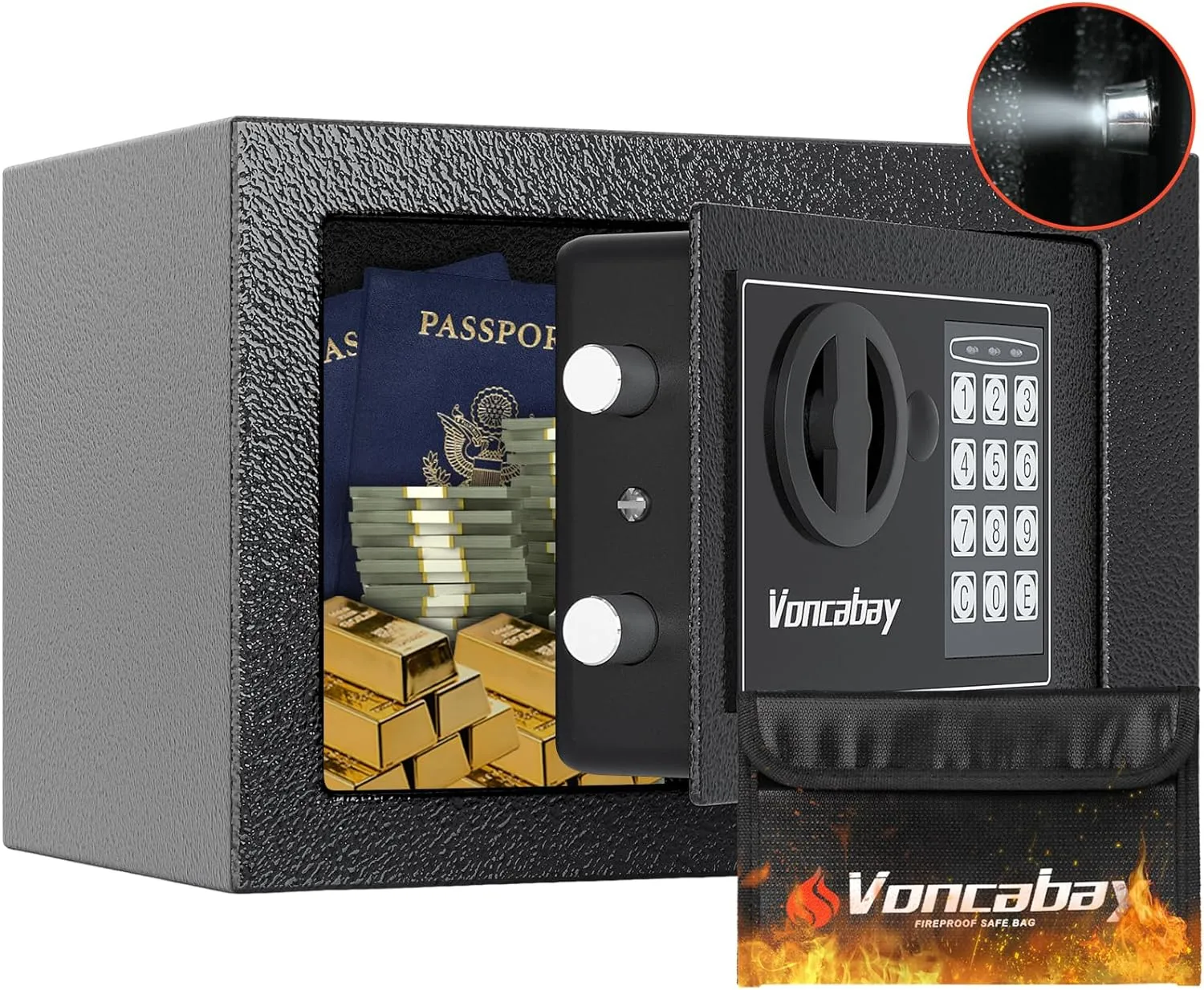Voncabay Money Safe Box for Home with Sensor Light & Fireproof Money Bag - 0.23 Cubic Feet Security Safe Box with Digital Keypad, Keys & Pass Code Lock Black